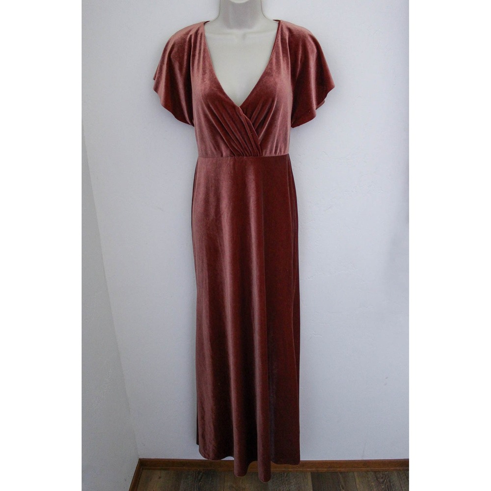 Jenny Yoo Maxi Dress Womens 0 Rose Tyrien Velvet Flutter Sleeve Open Back Gown